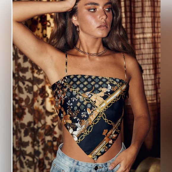 NOVAH TOP BLACK and gold Princess Polly bandanna top - Picture 1 of 7